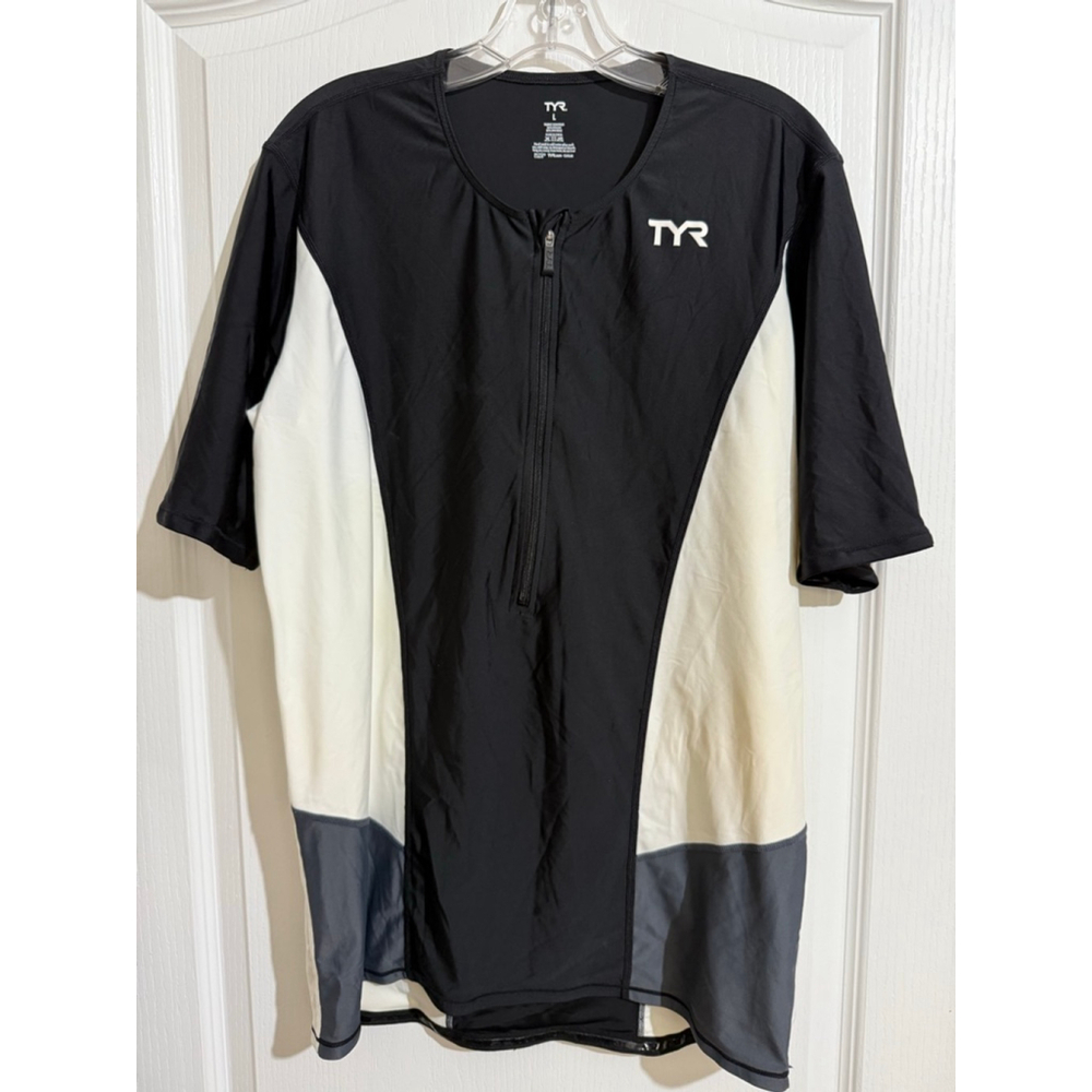 Men's TYR Competitor Triathlon Jersey L Black White Short Sleeve